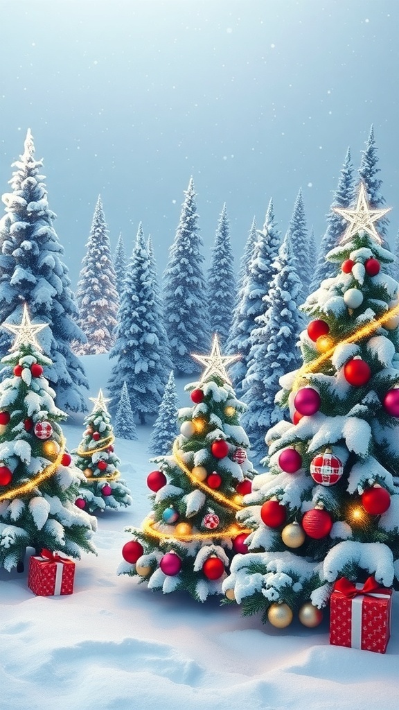 Christmas-Themed 8x10 Wallpaper Christmas-themed wallpaper with snowflakes and decorated trees in a winter landscape.